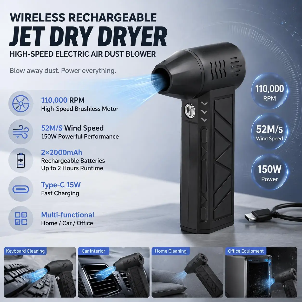 Cordless Car Vacuum Cleaner Electric Air Blower 3 Speed 110000 RPM Rechargeable Compressed Air Duster Jet Dry Blower with USB Portable Handheld For Car Interior Cleaning Dust Removal Automotive Home Use