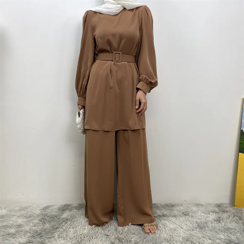 Muslim Women Long Sleeve Tops Wide Leg Pants Set Eid Ramadan Islam Clothing Dubai Turkey Kaftan Dress Arabic Outfits Suit Abaya