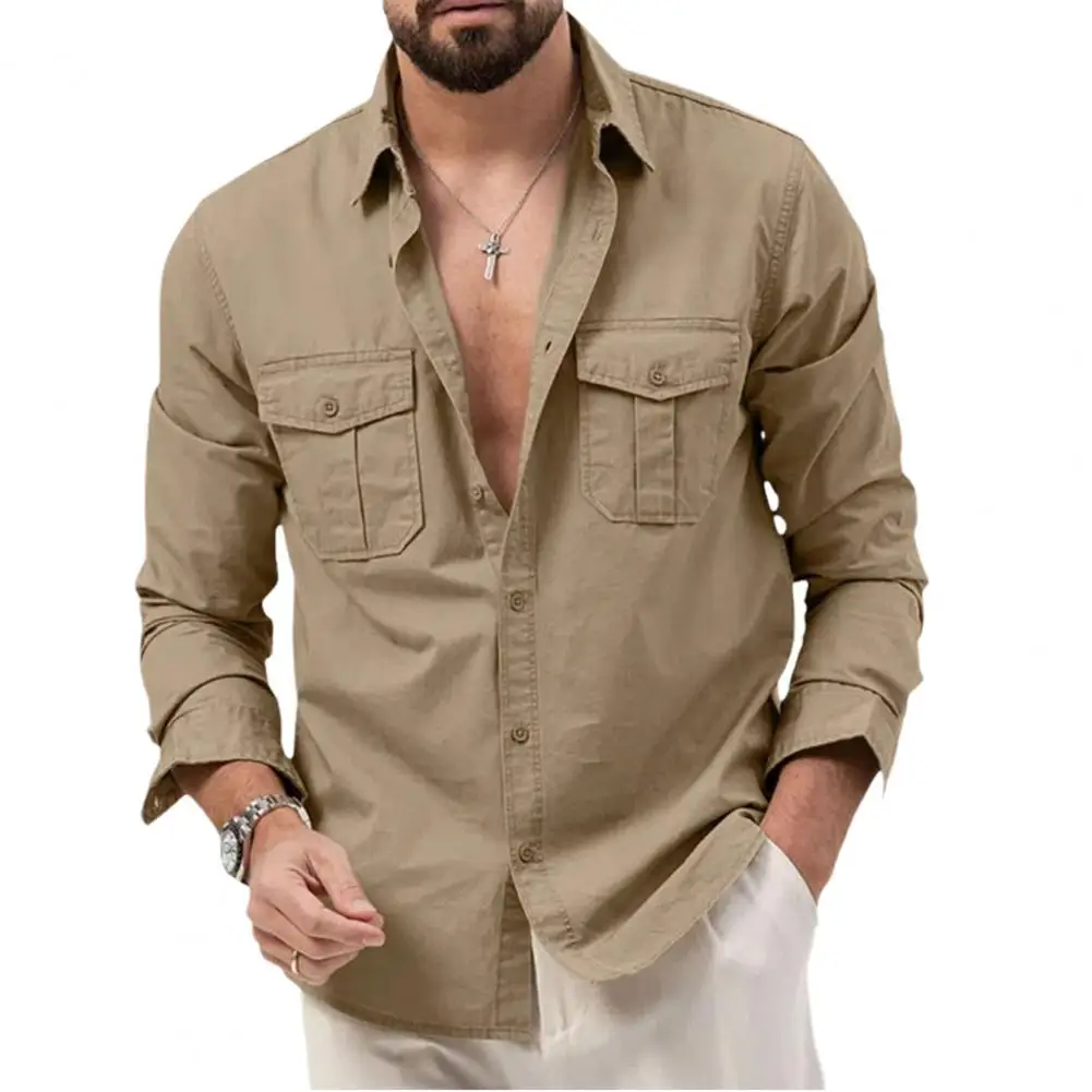 Men's Long Sleeve Button Down Shirt, Casual Lapel Shirt with Chest Pockets, Regular Fit Loose Shirt for Daily Office Holiday