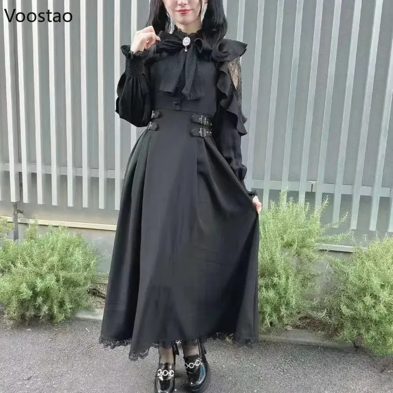 Japanese Style Gothic Y2k Lolita Dress Bow Lace Ruffles Long Sleeve Elegant Midi Dresses Sweet Women Casual Punk Party Vestidos