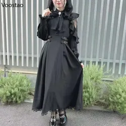 Japanese Style Gothic Y2k Lolita Dress Bow Lace Ruffles Long Sleeve Elegant Midi Dresses Sweet Women Casual Punk Party Vestidos