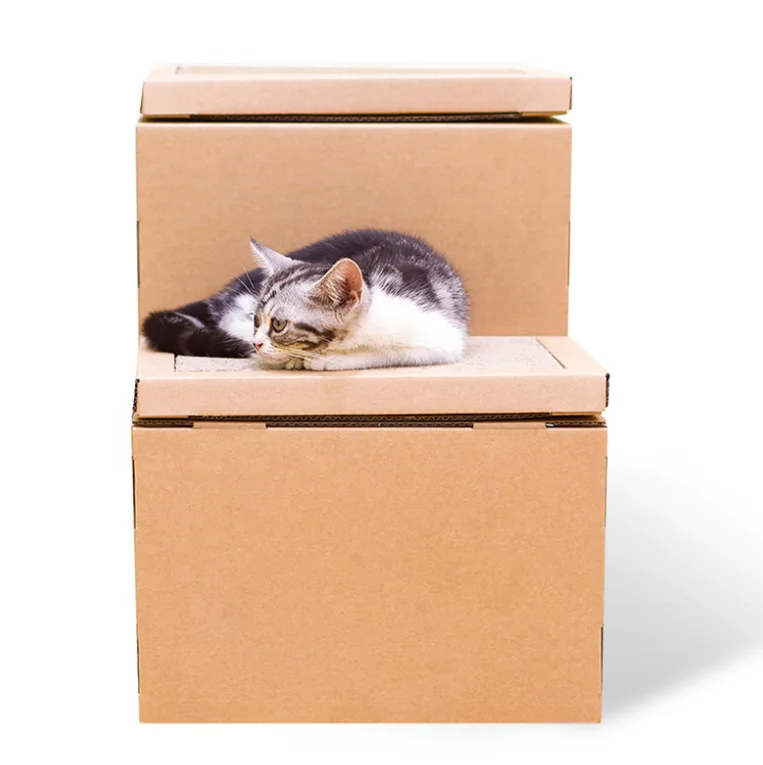 Multi-Level Corrugated Cardboard Cat House With Scratcher Pad Farmhouse Style Cat Bed Cave Hideout