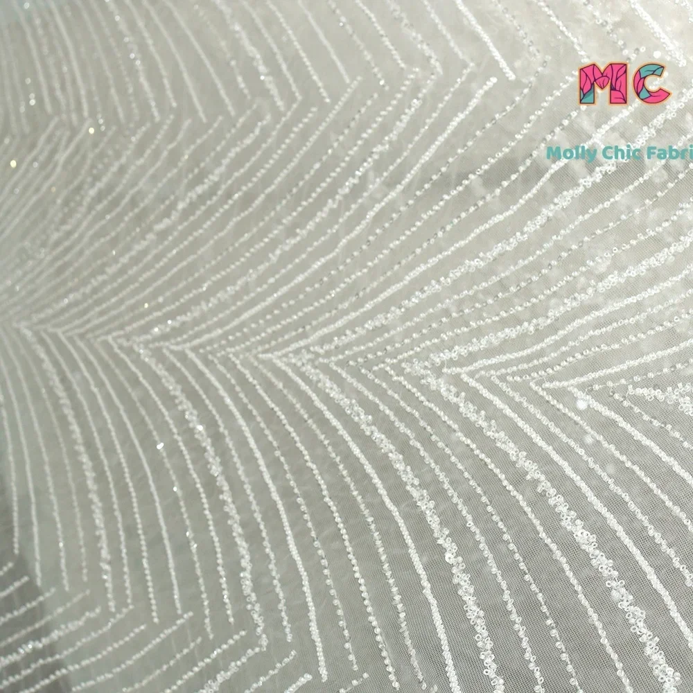 New Feather Pattern Bead Embroidery Mesh Fabric Sewing Wedding Dress And Evening Dress DIY High End Customized Clothing Fabric