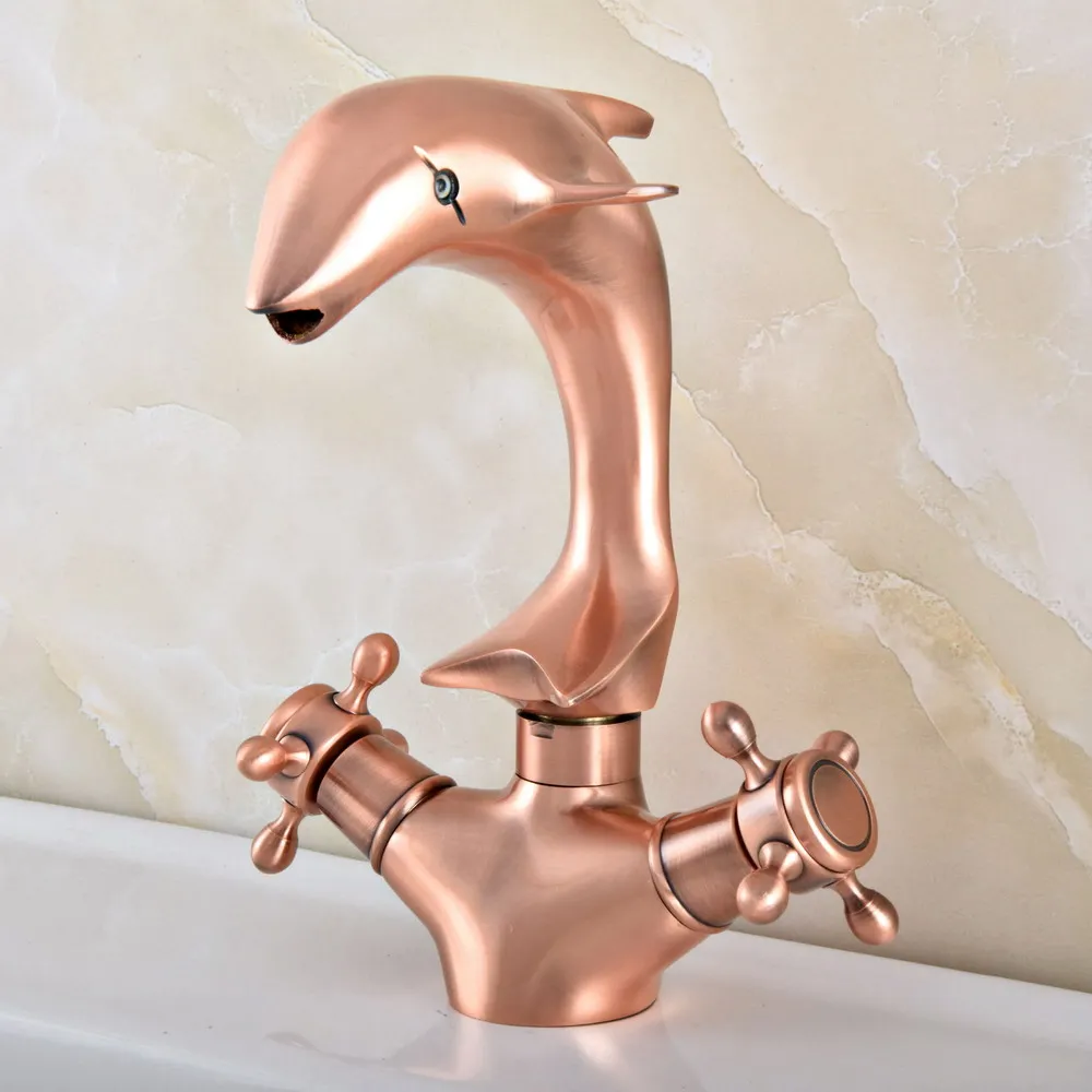 

Antique Red Copper Dual Handles Dolphin Style Basin Faucet Swivel Spout Bathroom Sink Faucet Mixer Tap tsf848