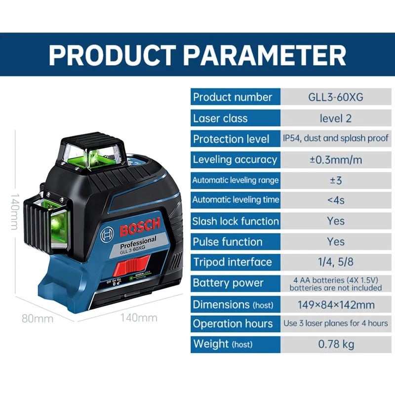 Bosch 12 Lines Laser Level Green 3D Level Self-leveling 360 Horizontal & Vertical Cross Wall Sticker GLL3-60XG Measuring Tools