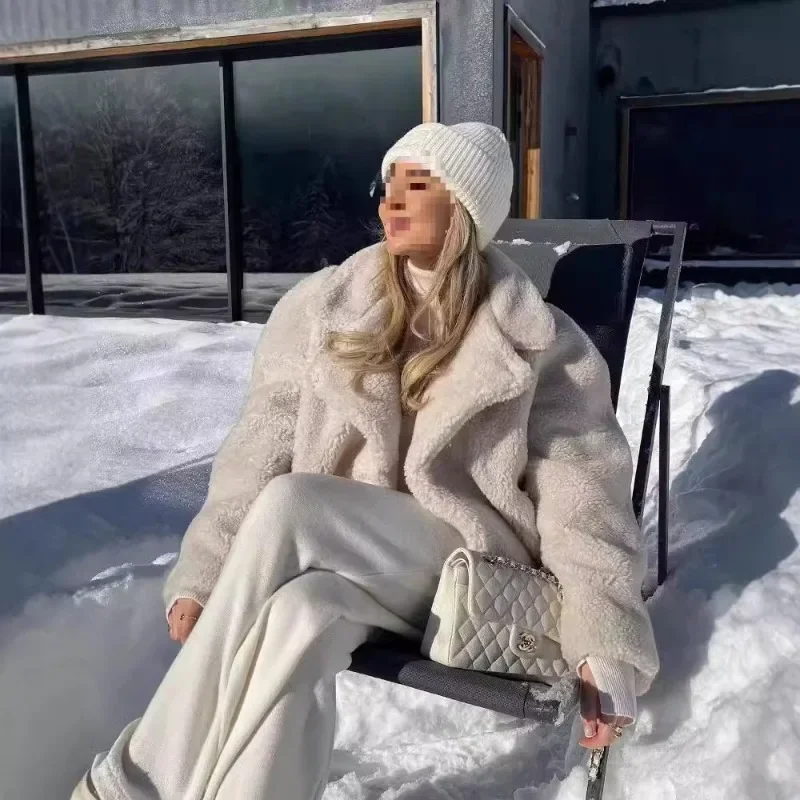 

Зимнее модное женское теплое плюшевое пальто, женское повседневное толстое пальто с отложным воротником, женская винтажная верхняя одежда с длинными рукавами 2025