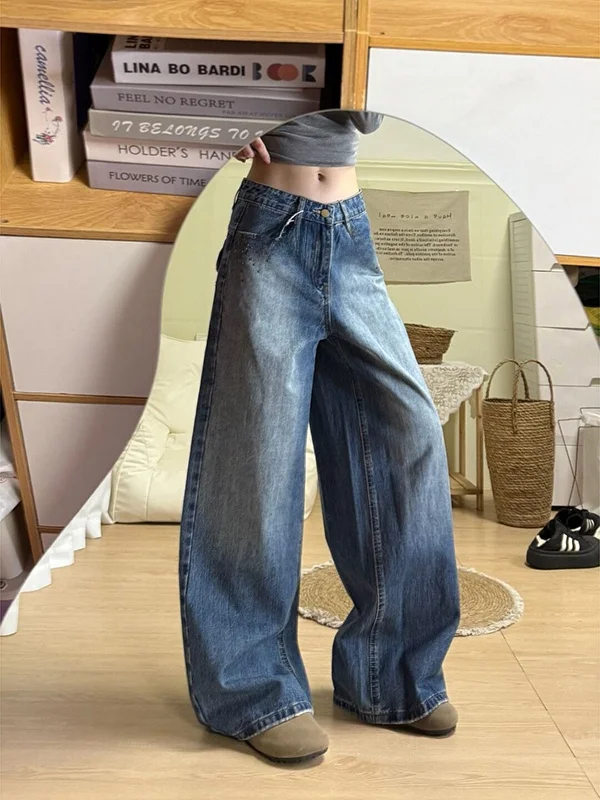 

Ретро-джинсы с вышивкой в американском стиле и узором в виде бамбуковых узлов, широкие, свободного кроя, для женщин, осенне-зимние, прямые джинсовые брюки