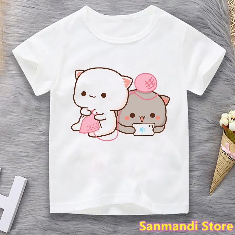 

Funny Couple Cats Peach and Goma Mocha Mochi Peach Cat Tshirts Girls/Boys Kids Clothes Birthday Gift T shirts White