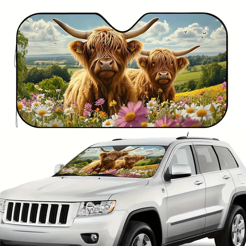 1pc Scottish Highland Car Sunshade Compatible For All - Foldable Shield With 4-Suction Cup Installation, Cute Scottish Highland