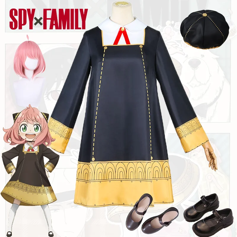 

Spy X Family Anya Forger Cosplay Costume Hat Shoes Wig Lovely Black Dress Uniform Suit Halloween Party Carnival for Kids Girls