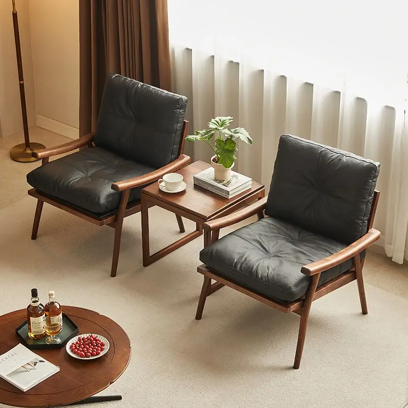 

Black walnut solid wood single, sofa chair, Nordic small apartment, living room leisure chair, designer, leather armchair