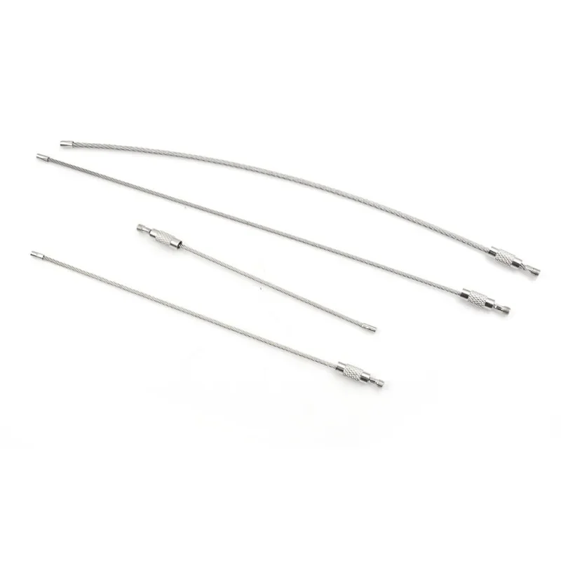 Sznurek do breloczka ze stali nierdzewnej o średnicy 1,5-2 mm, linka, pętla, zamek śrubowy, kółko do kluczy, kółko do zawieszania, narzędzie do zawieszania na kempingu.