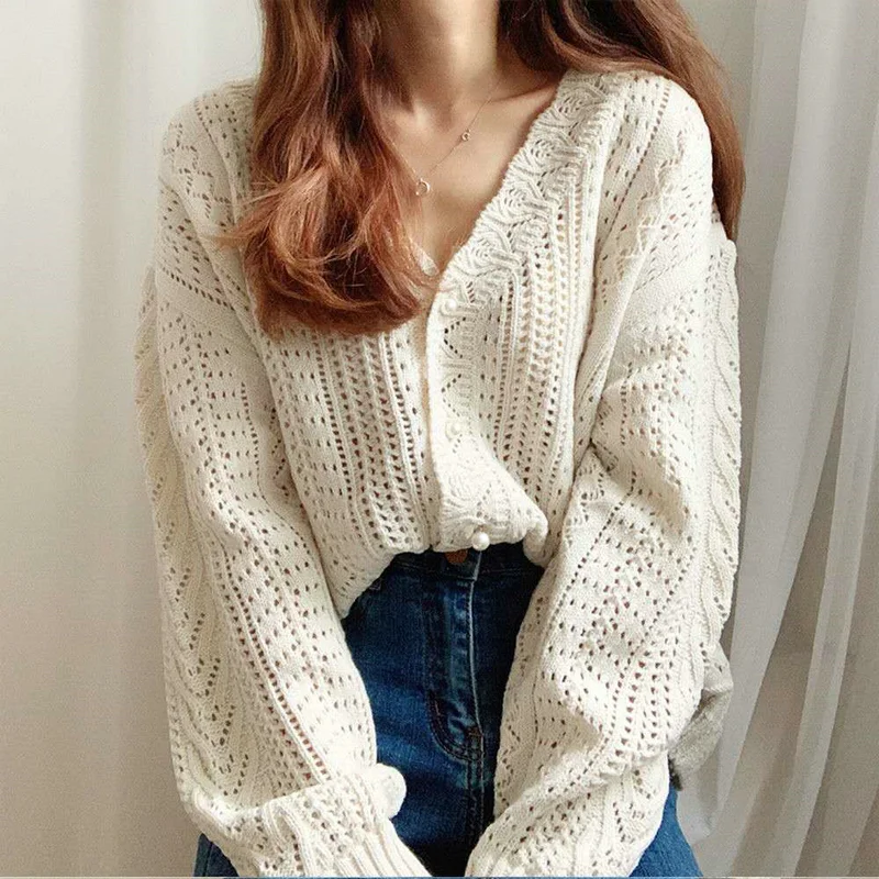 Cárdigan de punto de manga larga para mujer, informal, coreano, liso, con cuello en V, suéter de ganchillo de estilo perezoso Retro elegante para primavera y otoño