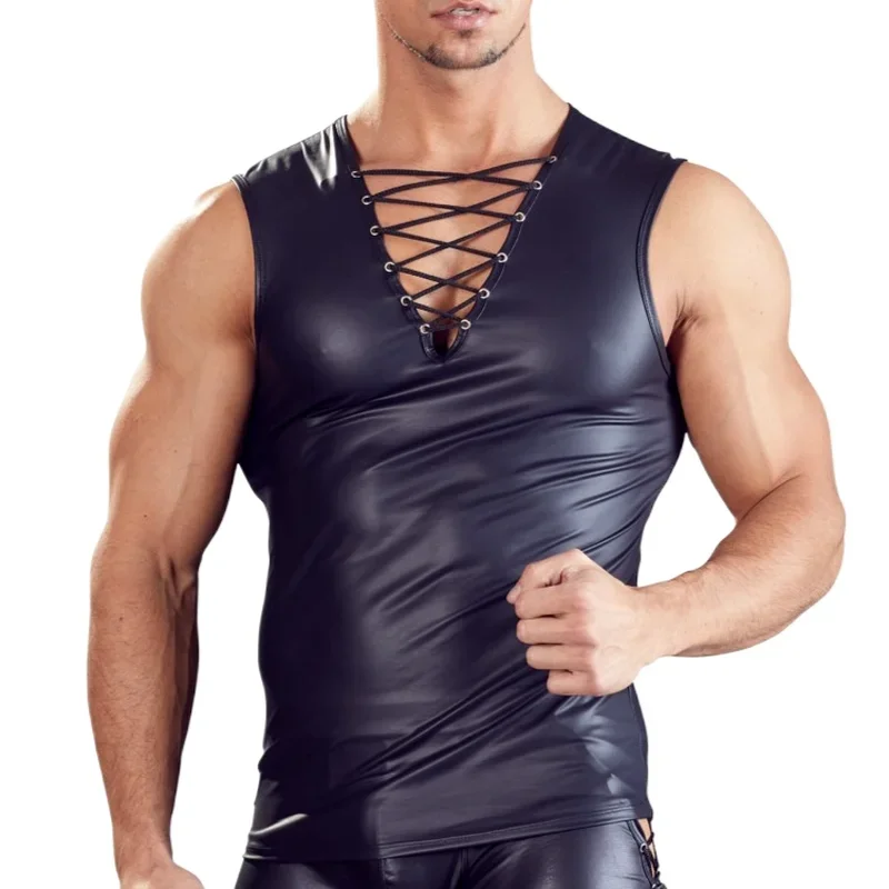 

Sexy Bandage Tank Top Men Leather Tank Tops Mens Sleeveless Singlet Undershirts For Fun Party Vest