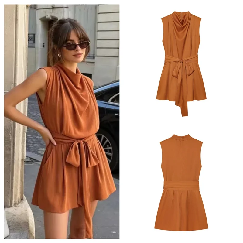 Guobioziy Women's Jumpsuit 2026 Fall New Style Orange Sleeveless with Shoulder Pads and Belt Decorative Romper Beach Vacation