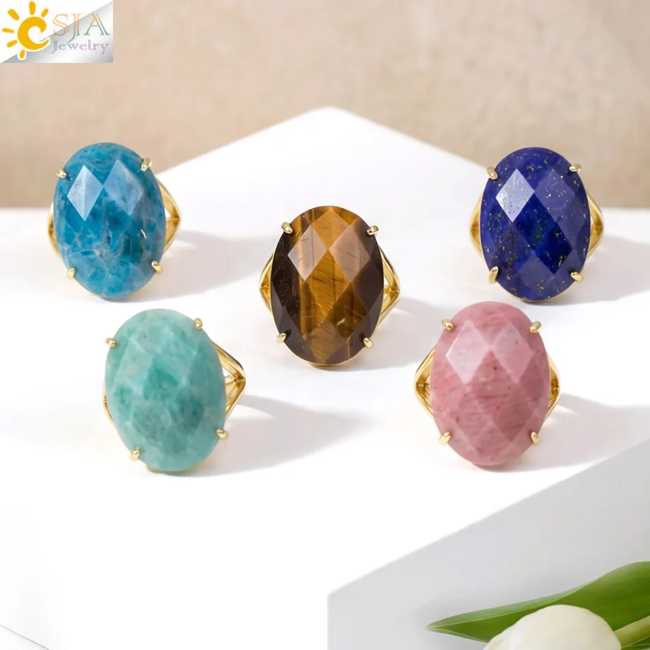 CSJA Damen-Ringe aus Naturstein, verstellbar, facettenreicher, eiförmiger Cabochon-Kristall-Charm-Fingerring, Hochzeitsschmuck H877