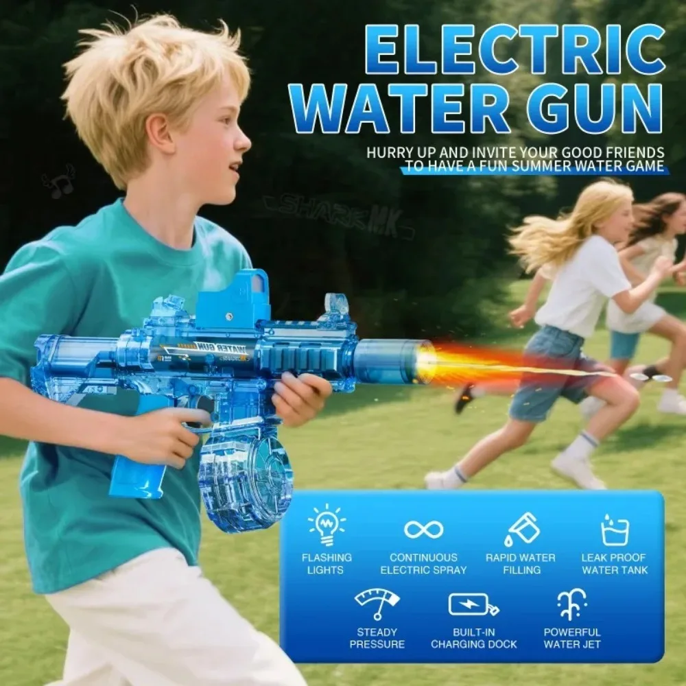 Pistola de agua eléctrica con pulverizadores de luz, efecto de llama, continuamente alta velocidad, para exteriores, playa, piscina, juego de disparos, juguete para niños