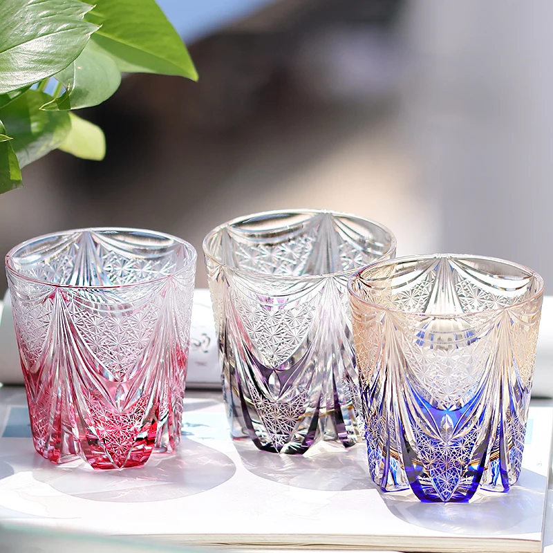 

320 ml Japanese Edo Kiriko Old Fashioned Glass Hand Engraved Sail Colored Brandy Tumbler Rocks Glass Whisky Tumbler Purple Blue