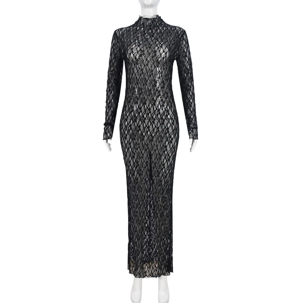 DSMTRC See Through Lace Hollow Maxi Black Dress 2025 Evening Party Clubwear Women Hipster Sexy Full Sleeve O-Neck Skinny Vestido