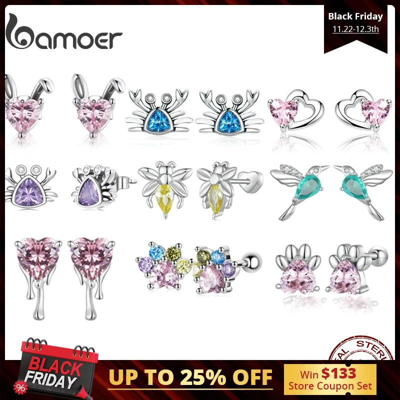 Bamoer 925 Sterling Silver Bee Dog Claw Heart Stud Earrings For Women Zircon Ear Studs Fashion Fine Jewelry Birthday Gifts