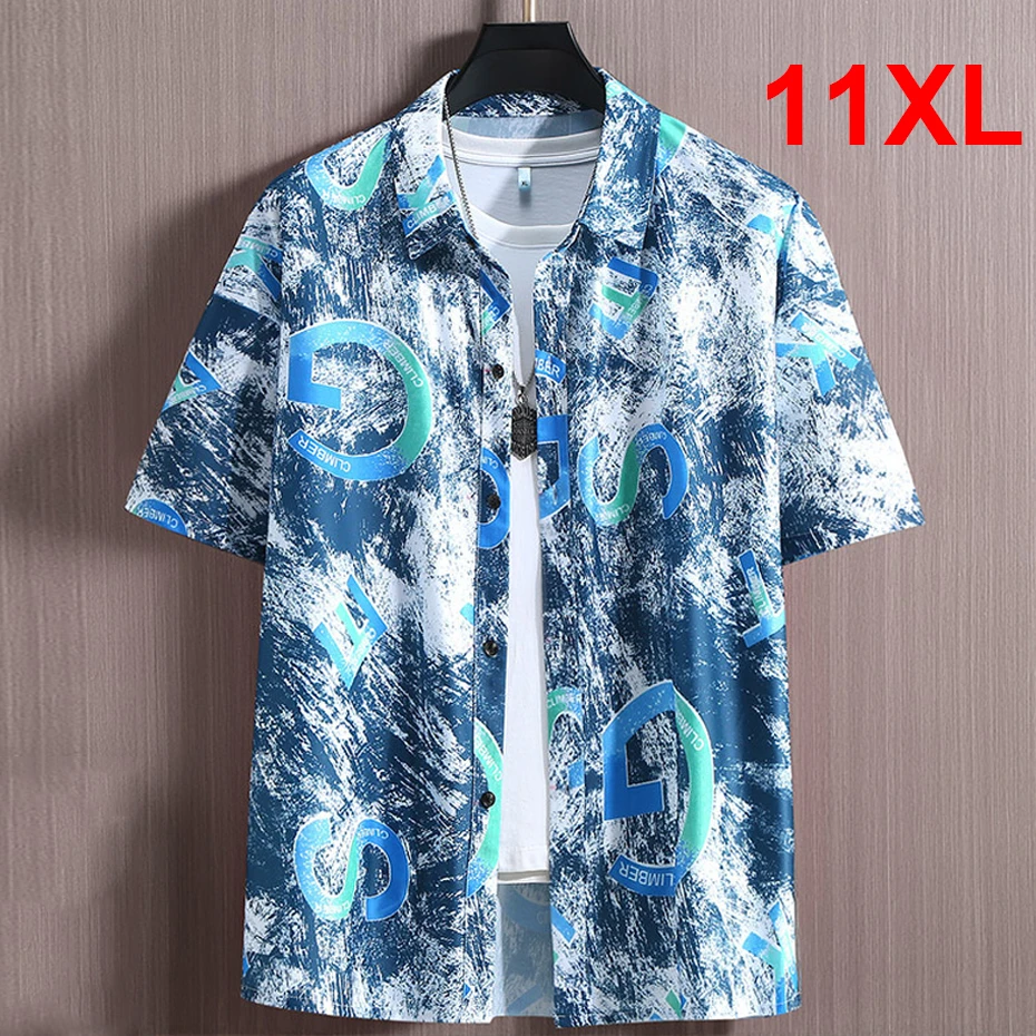 Hawaiian Beach Shirt Men Summer Short Sleeve Shirt Plus Size 10XL 11XL Hip Hop Elastic Shirt Male Big Size 11XL