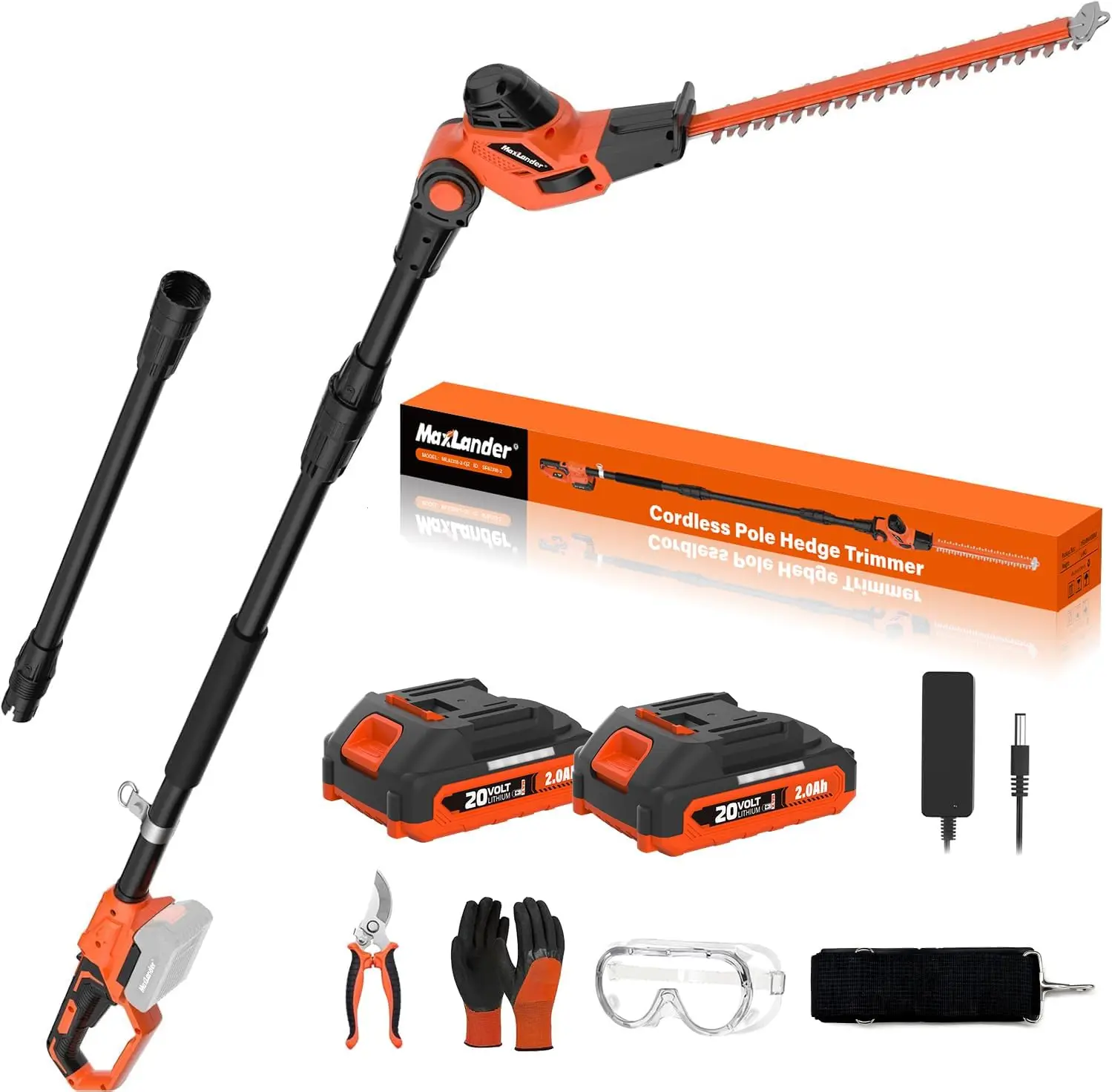 18 Inch 20V Cordless Pole Hedge Trimmer, 2 X 2.0Ah Battery & Charger | 15-Foot Max Reach, 31ft/s Cutting Speed, Tool-Free