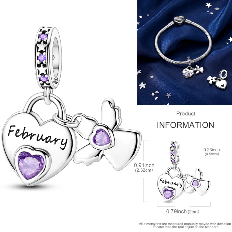 925 Sterling Silber 12 Monate Geburtsstein Engel-Herz-Anhänger Besd Januar-Dezember DIY Armband Halskette Geburtstagsgeschenk für Frauen – Detail 8