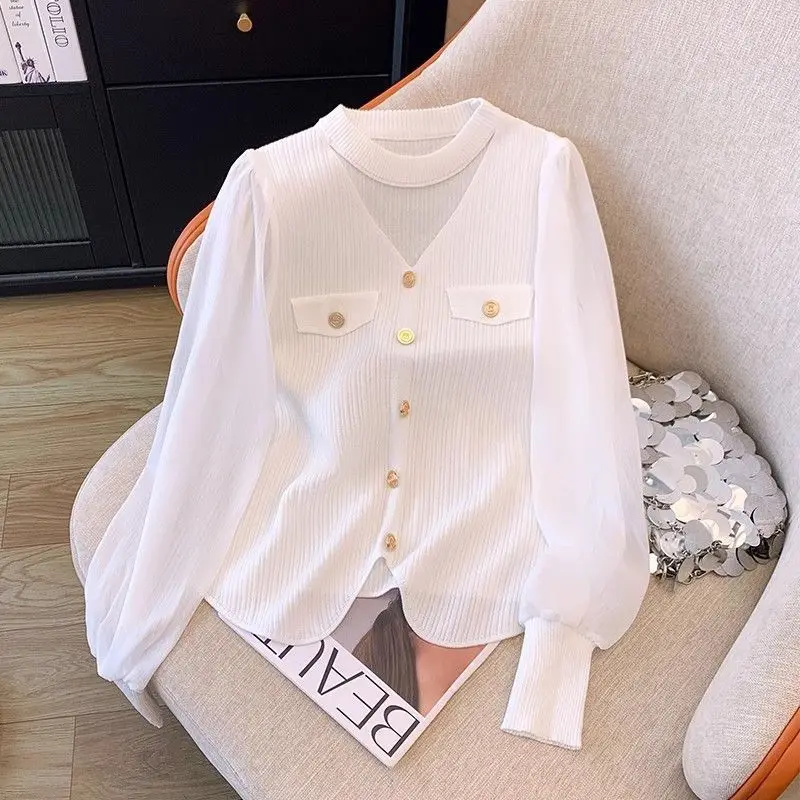 Knitting Patchwork Chiffon Slit Hem Blouse Spring Long Sleeve V Neck Solid Elegant Shirt Tops Fashion Temperament Women Clothing