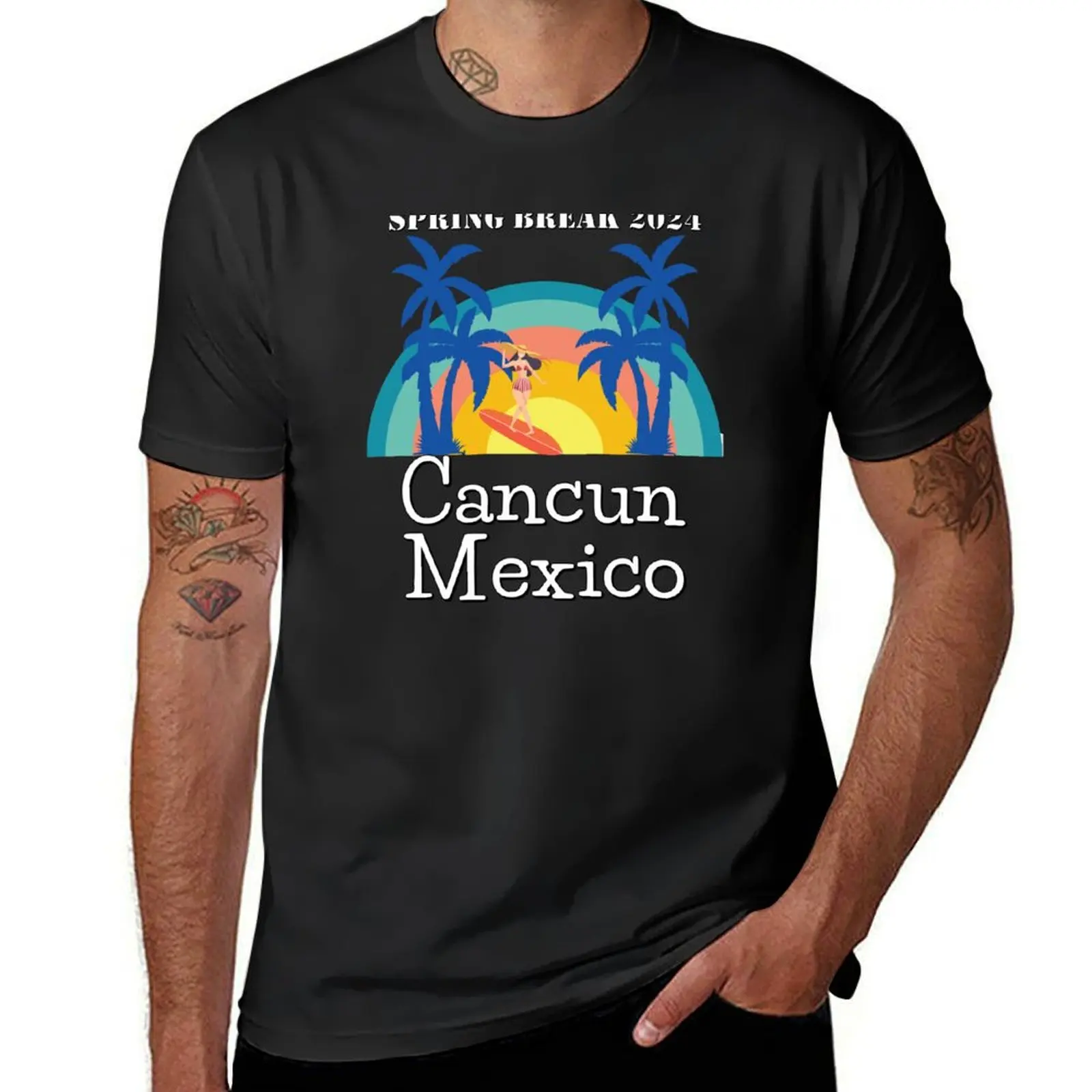 Cancun Mexico, Beach Vacation, Surfer, Palm Trees, Spring Break 2024 T-Shirt graphics blacks customs sports fans T-shirt men