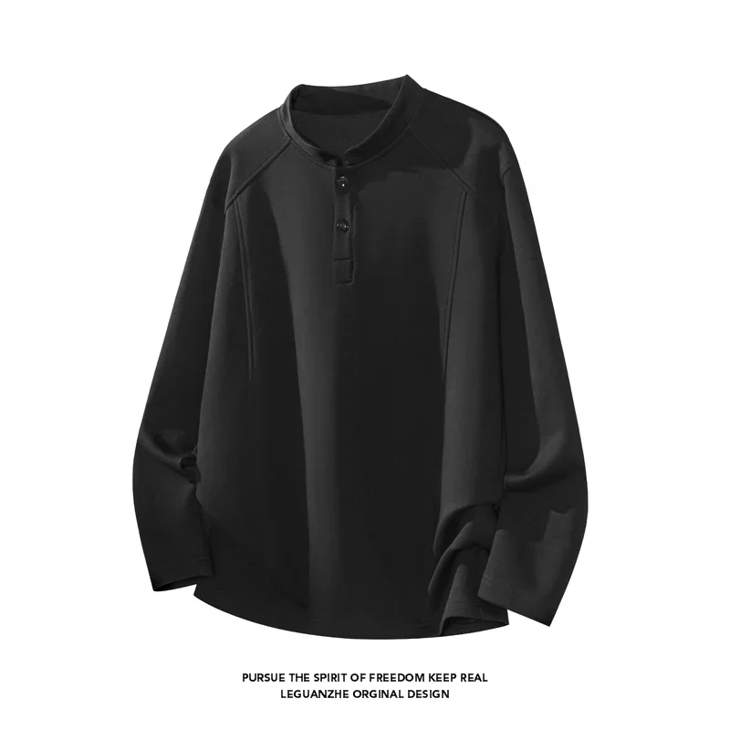 Men Henry Collar Long Sleeve T Shirt Half Button Placket Raglan Sleeve Soft Knit Top Casual Daily Autumn Basic Pullover - view 3