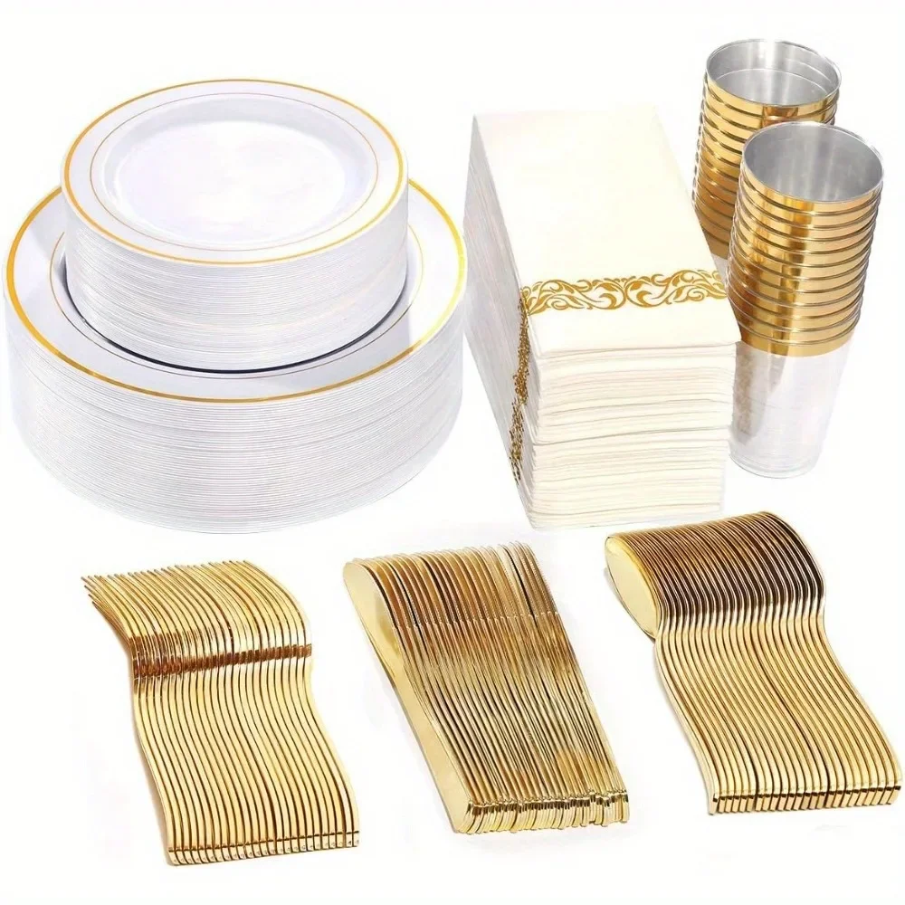 175 / 350pcs golden plastic tableware set for 50 guests suitable for family gatherings, weddings, holidays, and parties