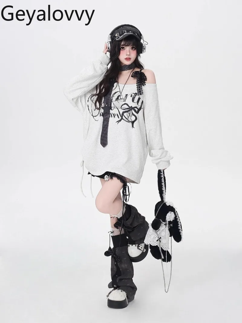 Sweat-shirt à manches longues pour femmes, polyvalent, avec lettres imprimées, doux, épaules dénudées, ample, décontracté, printemps automne