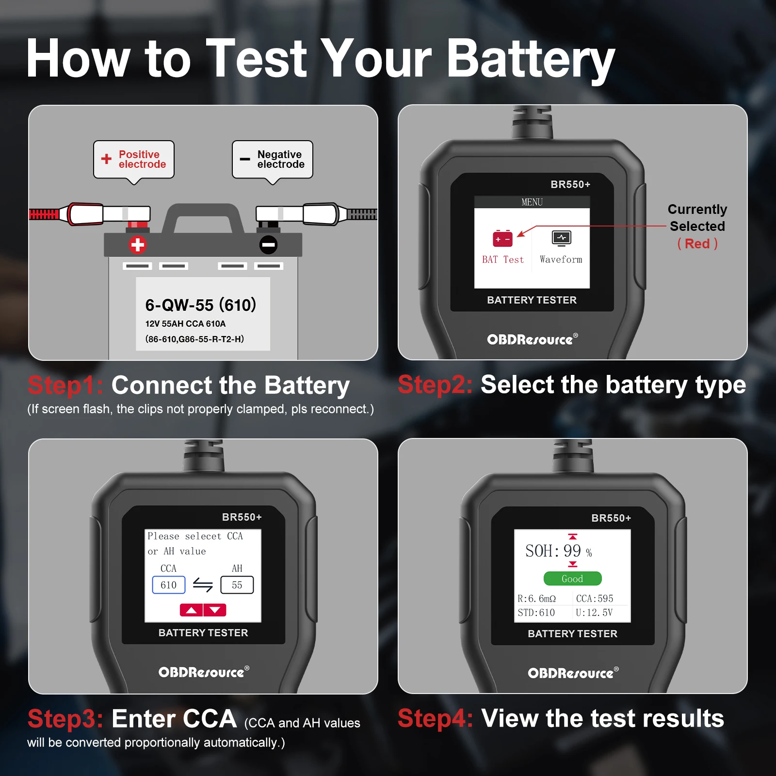 OBDResource Car Battery Tester, Voltage Tester, Auto Digital Battery Analyzer Tool, Color Screen, 6V, 12V, 24V, 100-2000 CCA