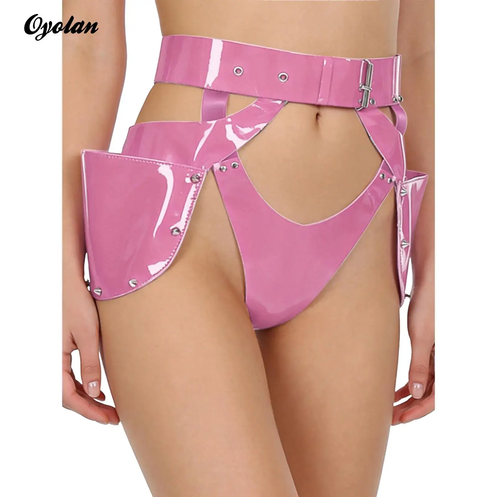 

Womens PU Leather Latex Underwear Underpants Glossy Gothic Sexy Panties Adjustable Waist Cutout Briefs Side Pockets with Studs