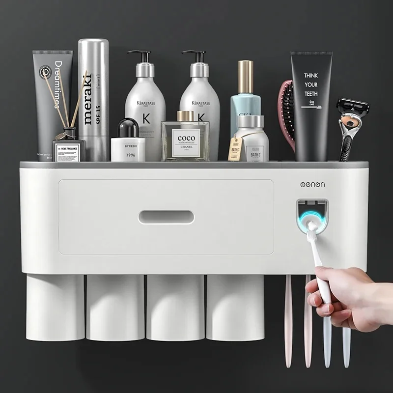 Toothbrush Storage Rack Magnetic Adsorption Inverted Toothbrush Rack Wall-Mounted Automatic Squeeze Toothpaste Storage Rack