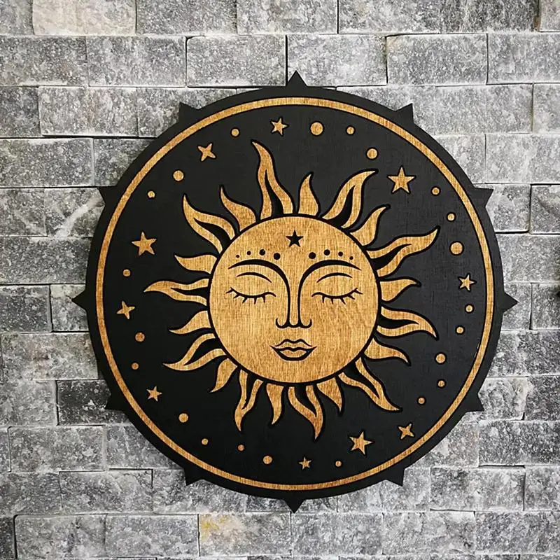 Sun and Moon Decor | Wooden Star Moon Wall Art with Back Hook | Farmhouse Suspension Ornament for Front Door Colored Kitchen Por