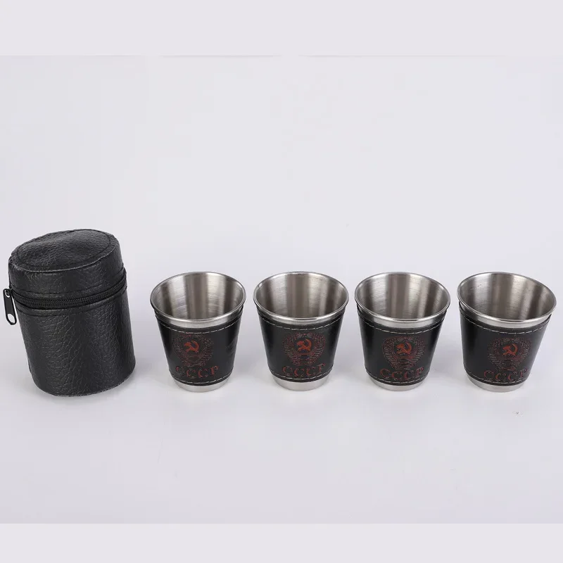 70ml Shot Glass Set 304 Stainless Steel Hip Flask Cup Outdoor Russia Vodka Cup Whiskey Alcohol Shot FlaskWith PU Leather