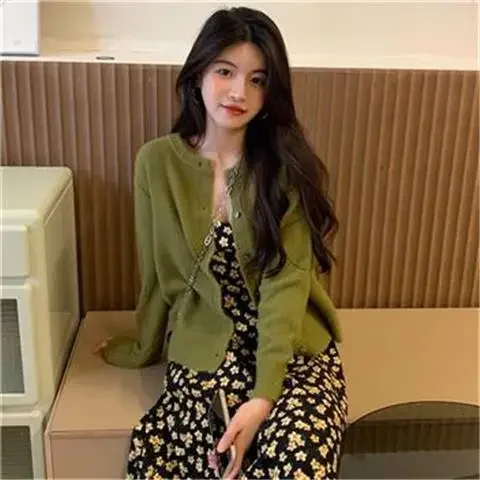 2024 Spring and Autumn New Korean Version of The French Suspender Dress + Retro Slim Knitted Cardigan Women's Two Piece Set