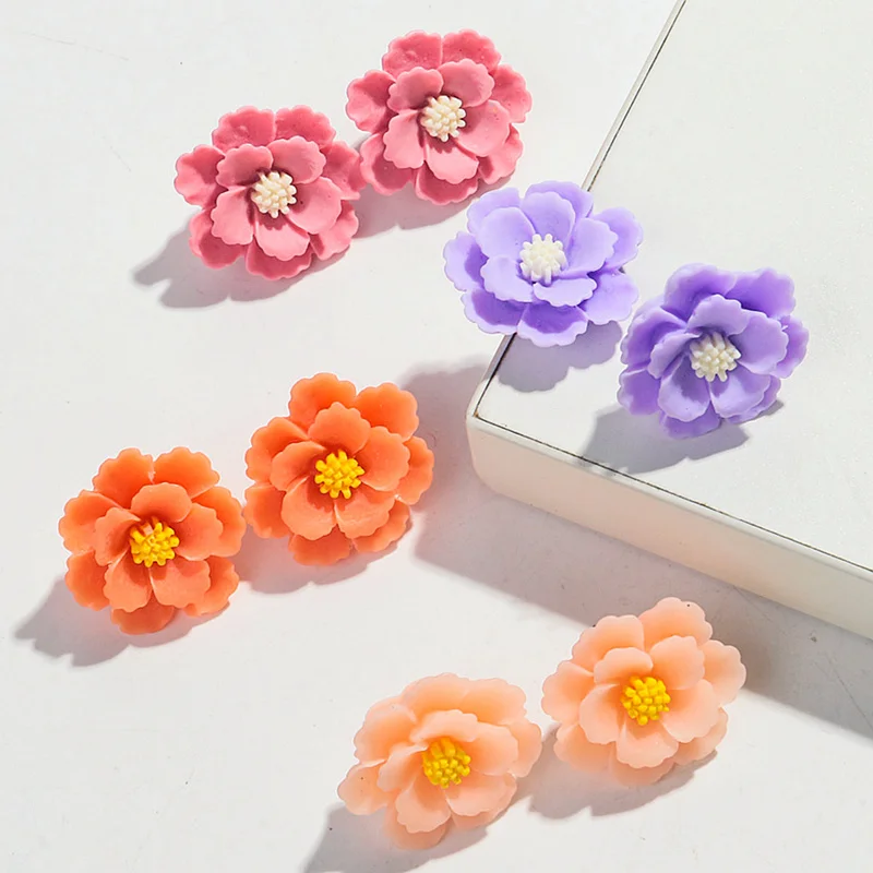 Lovely Resin Big Flower Stud Earrings for Women Cute Large Resin Korea Flower Pearl Floral Style Earring Trendy Design Jewelry