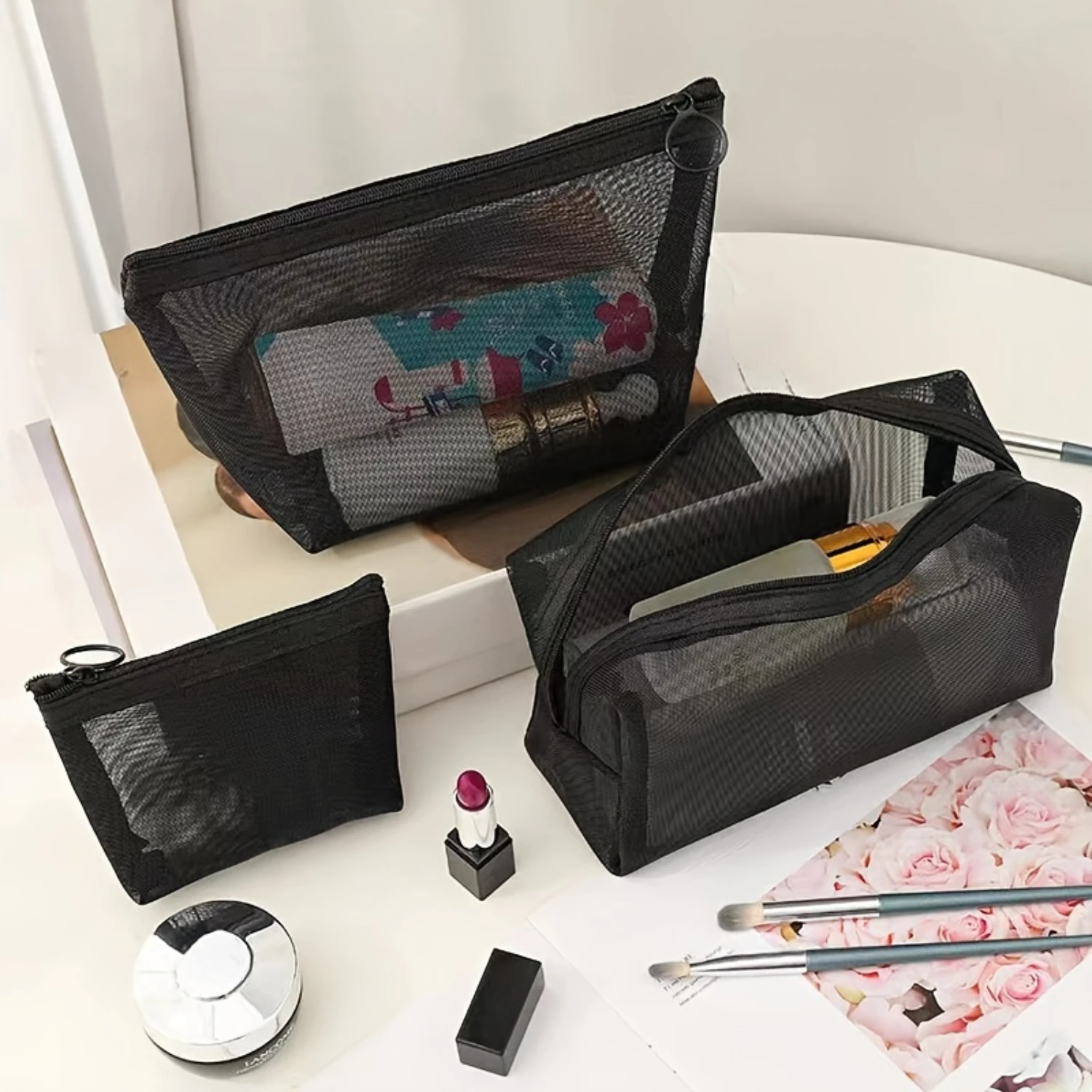 3pcs, Premium Nylon Mesh Cosmetic Bag Set - Spacious Makeup Organizer with Zipper Pouch, Travel Toiletry Bag for Women and Men,