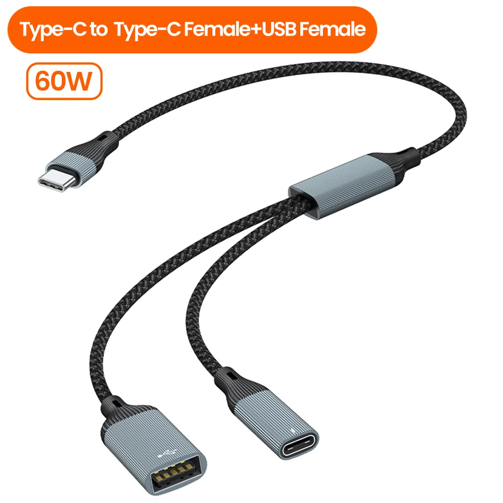 OLAF Typ C HUB PD 60 W Schnelllade-Multi-Port-Splitterkabel, USB-Stecker auf USB + TypC-Buchse, OTG-Adapter, Datenübertragungsstecker 7