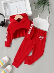 3 pcs Girls Hoodie Long Sleeve Top And Solid Color Vest  And Letter Printing Pants Comfortable Casual Suit