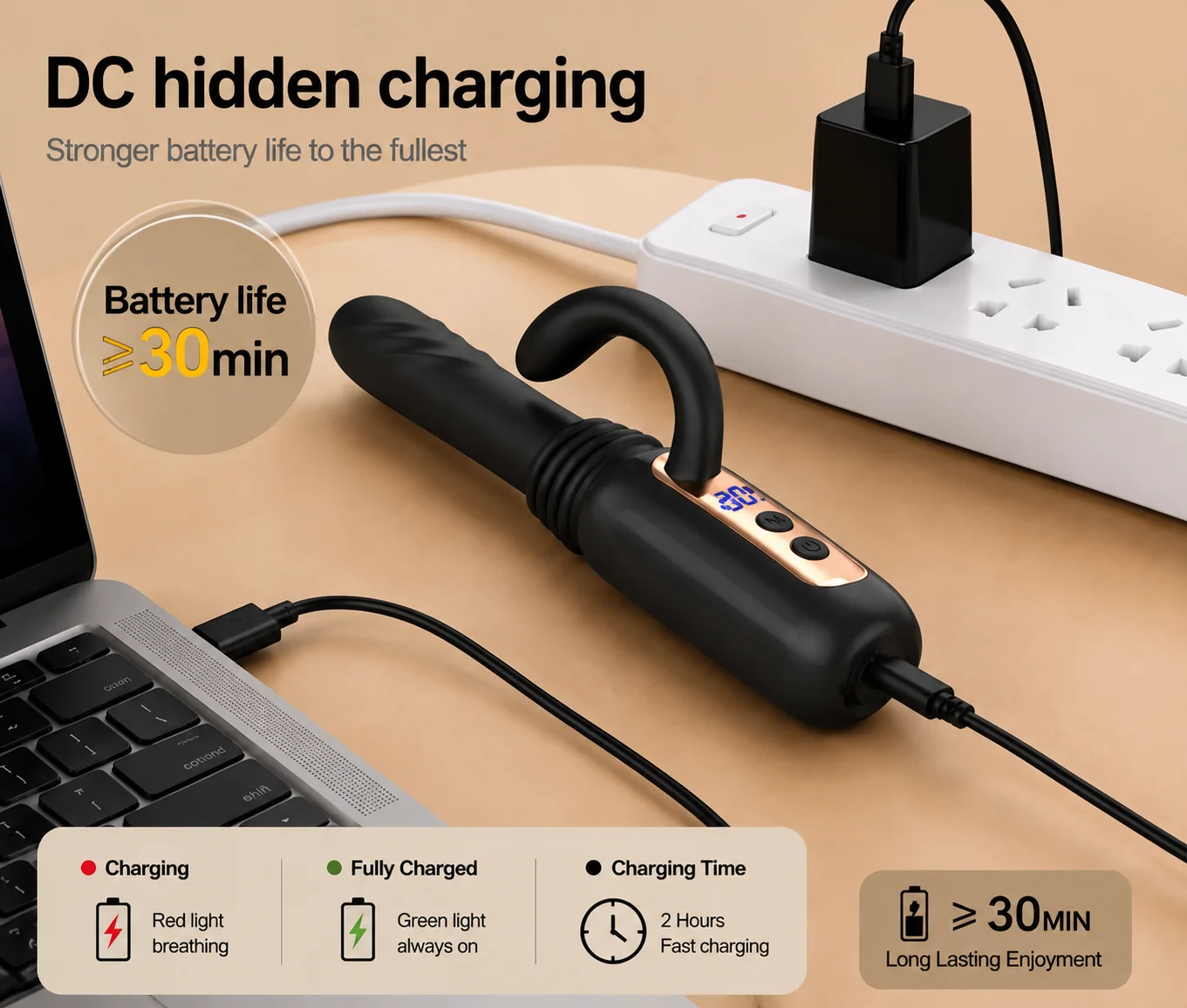 Smart LED display detail showing mode and vibration frequency for easy private Automatic Thrusting Massageruse