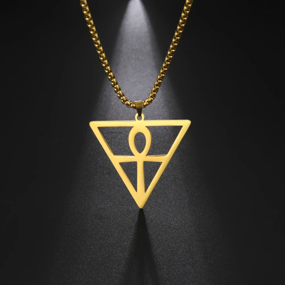 Egyptian Cross Pendant Inside Inverted Triangle Men Necklace Stainless Steel Box Chain Choker for Women Trend Jewelry Gift