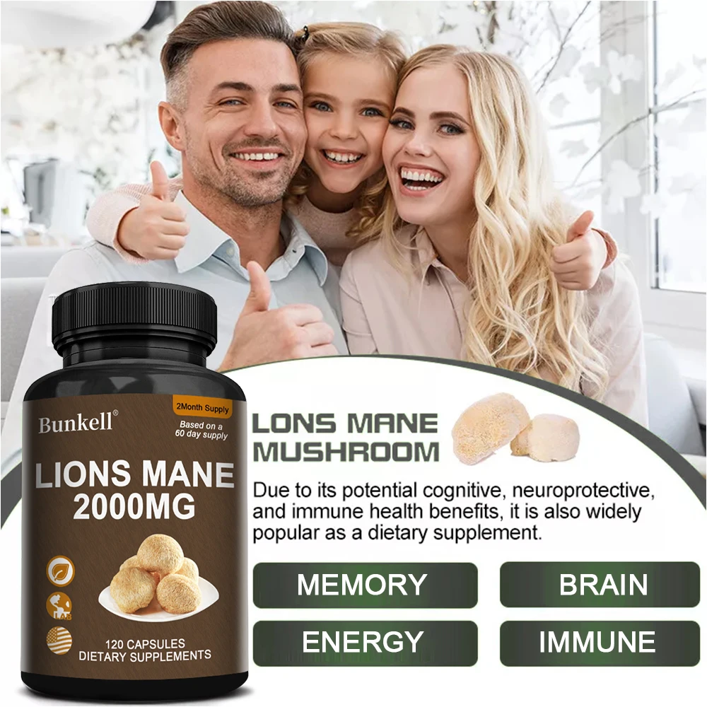 Organic Lions Mane Mushroom Capsules 2000mg, Support Brain Cognitive Focus Memory Sleep Immune Digestive & Mood Wellness view 2