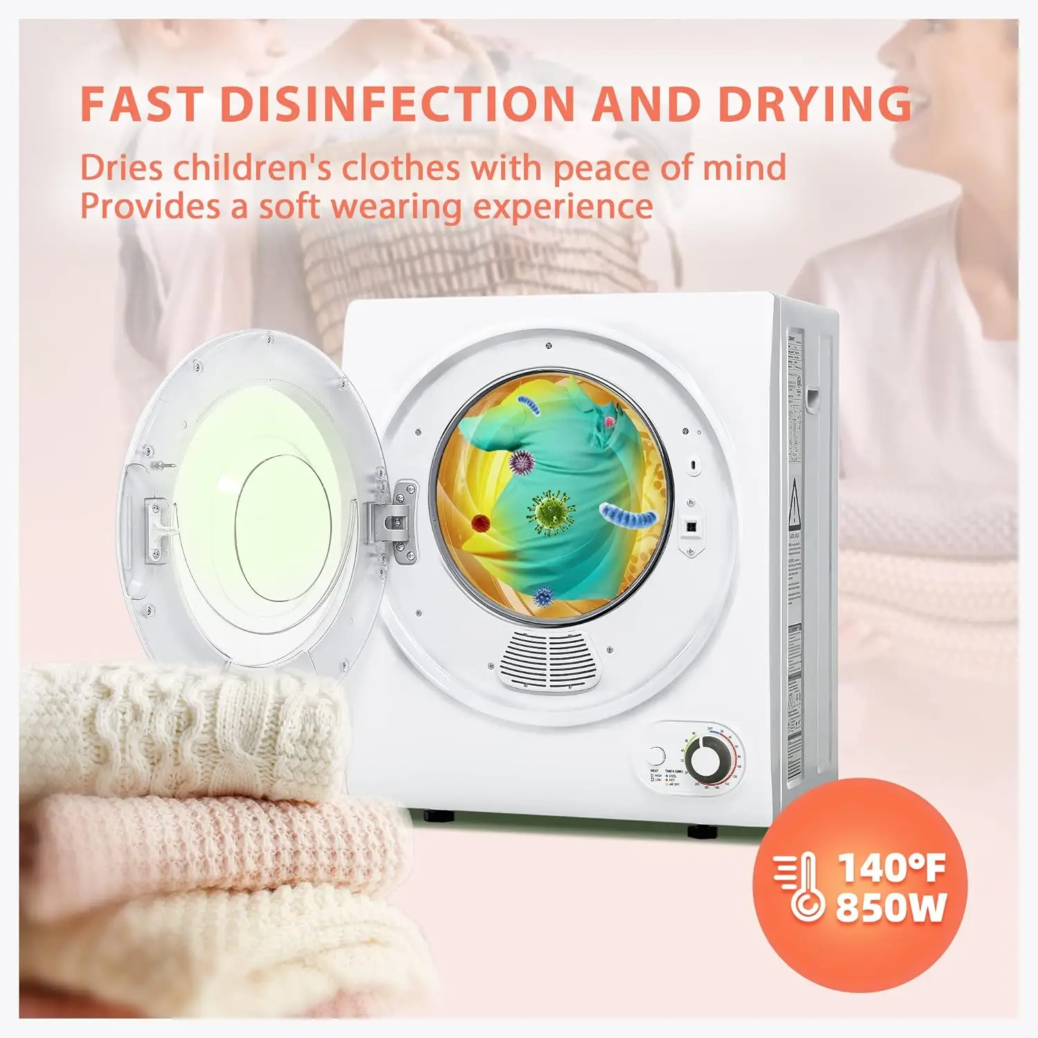 

110V Portable Clothes Dryer 850W Compact Laundry Dryers 1.5 cu.ft Front Load Stainless Steel Electric Dryers Machine
