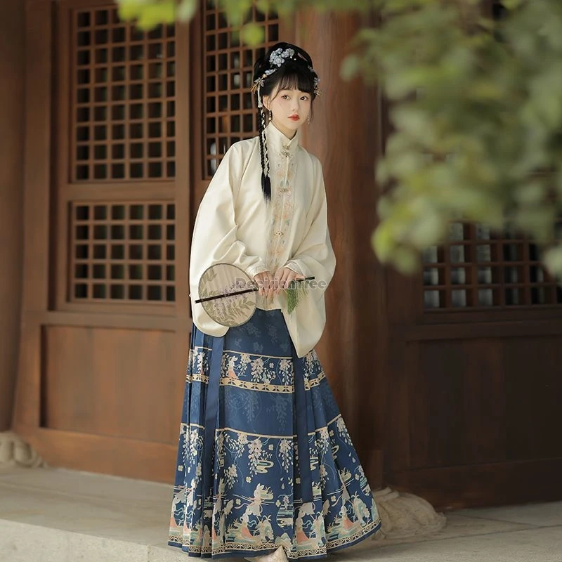 

2025 chinese traditional retro style women ming dynasty stand collar big sleeve blouse pleated half skirt 2piece daily hanfu set