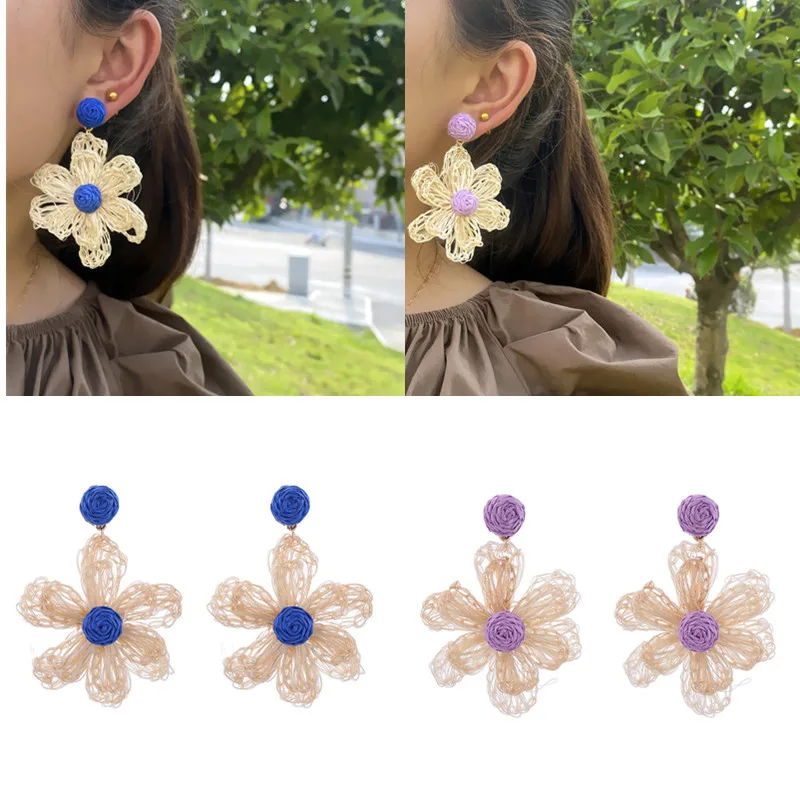 Summer Holiday Style Lafite Earrings Dopamine Leisure Vacation Flowers Earring Ear Ornaments for Girls Women