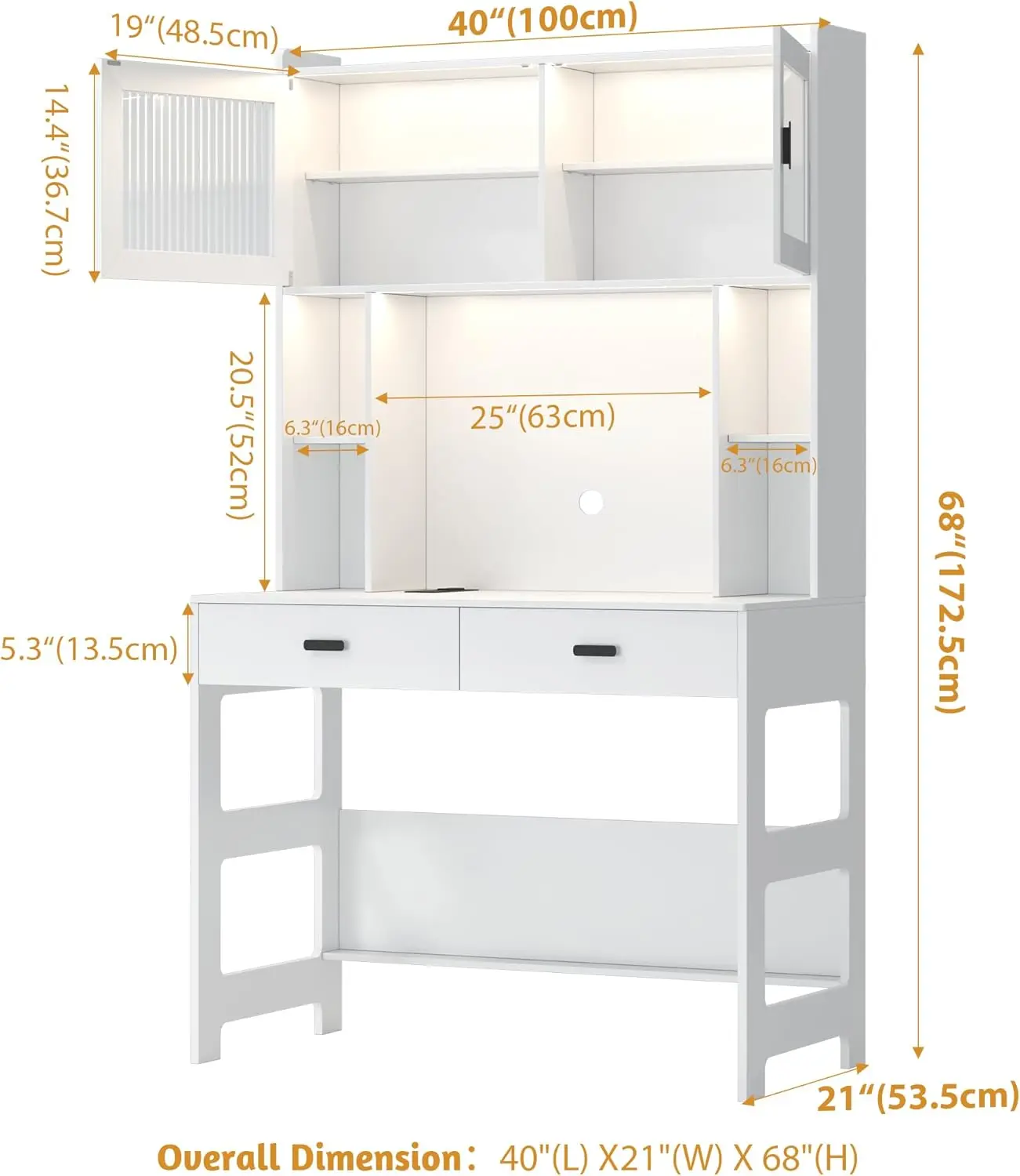 Lvsistys Home Office Desk With Hutch, nowoczesne biurko do gier komputerowych z oświetleniem LED i gniazdami elektrycznymi, biały stół do nauki ze schowkiem