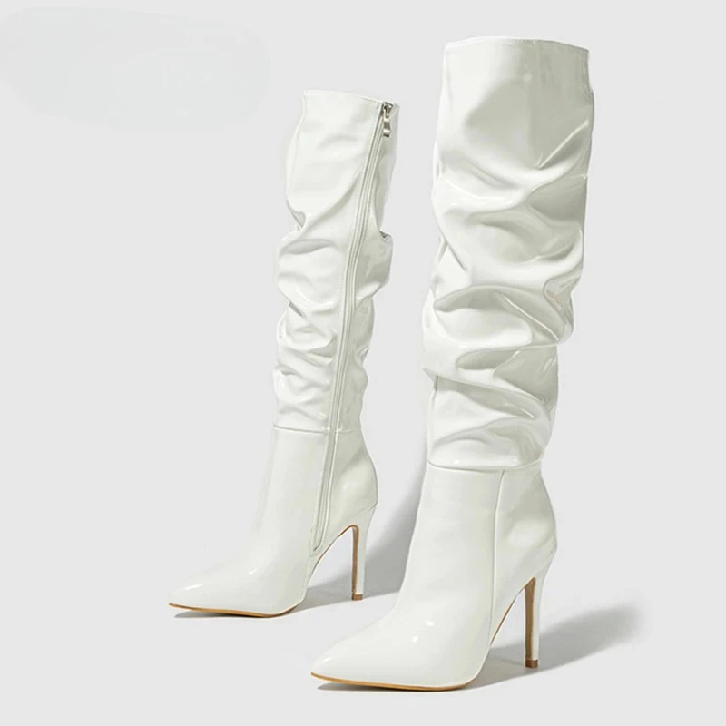 

New Women's Boots Fashion Design Pleated Patent Leather Knee High Boots Women Red Pointed Toe Zip High Heels Party Shoes Booties